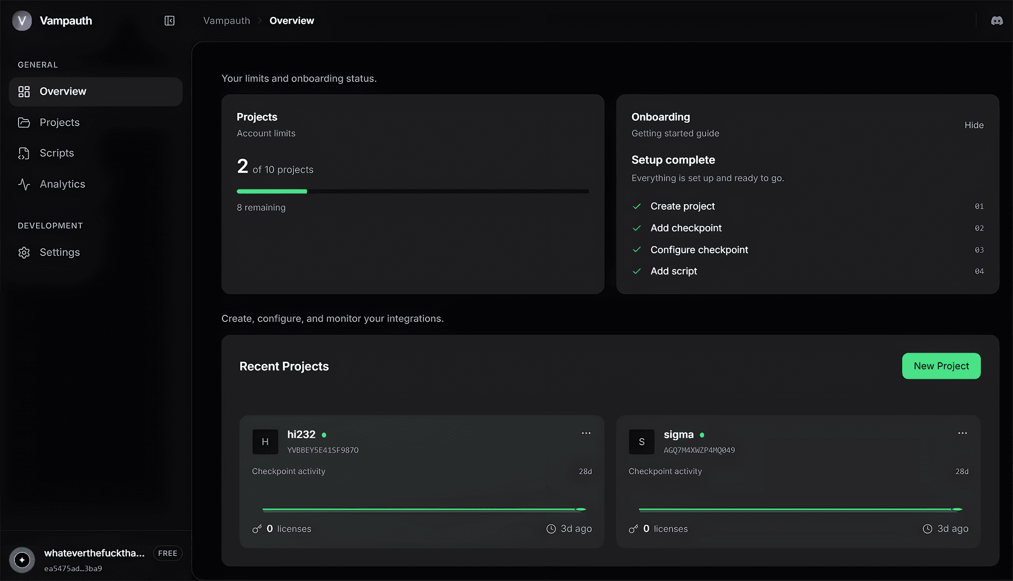 Vampauth dashboard overview with projects and key activity